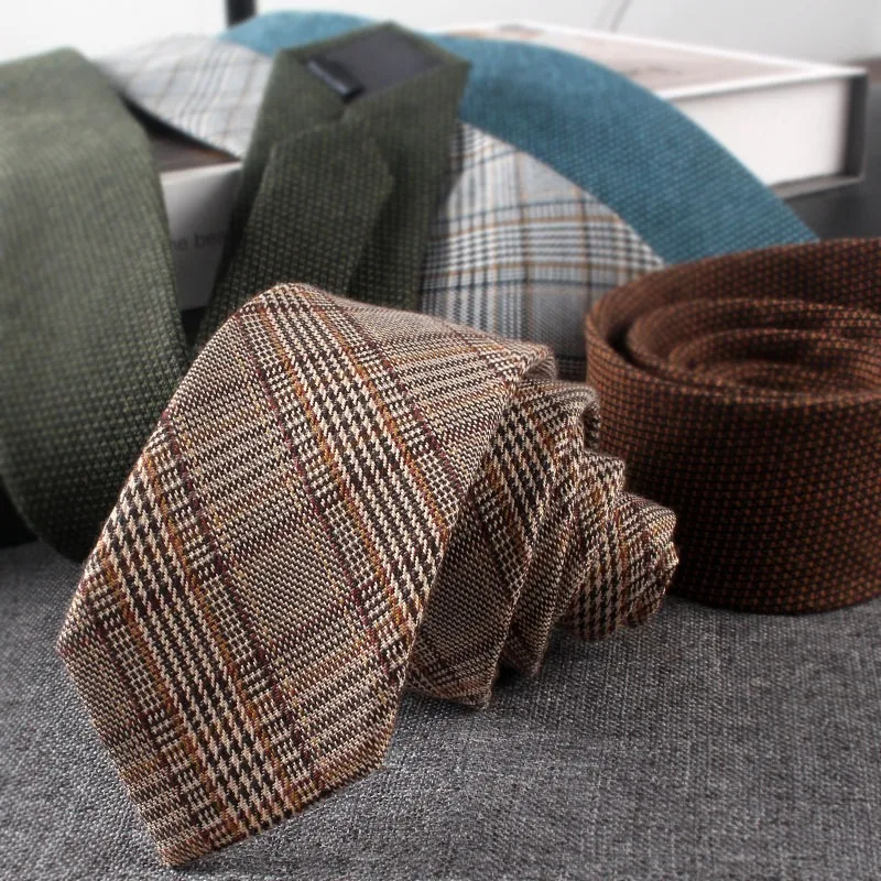 Fashion Narrow 6cm Brown Neckties Cotton Linen Gray Plaid Neck Ties For Men Adult Elegant British Style Shirt Accessories Cravat