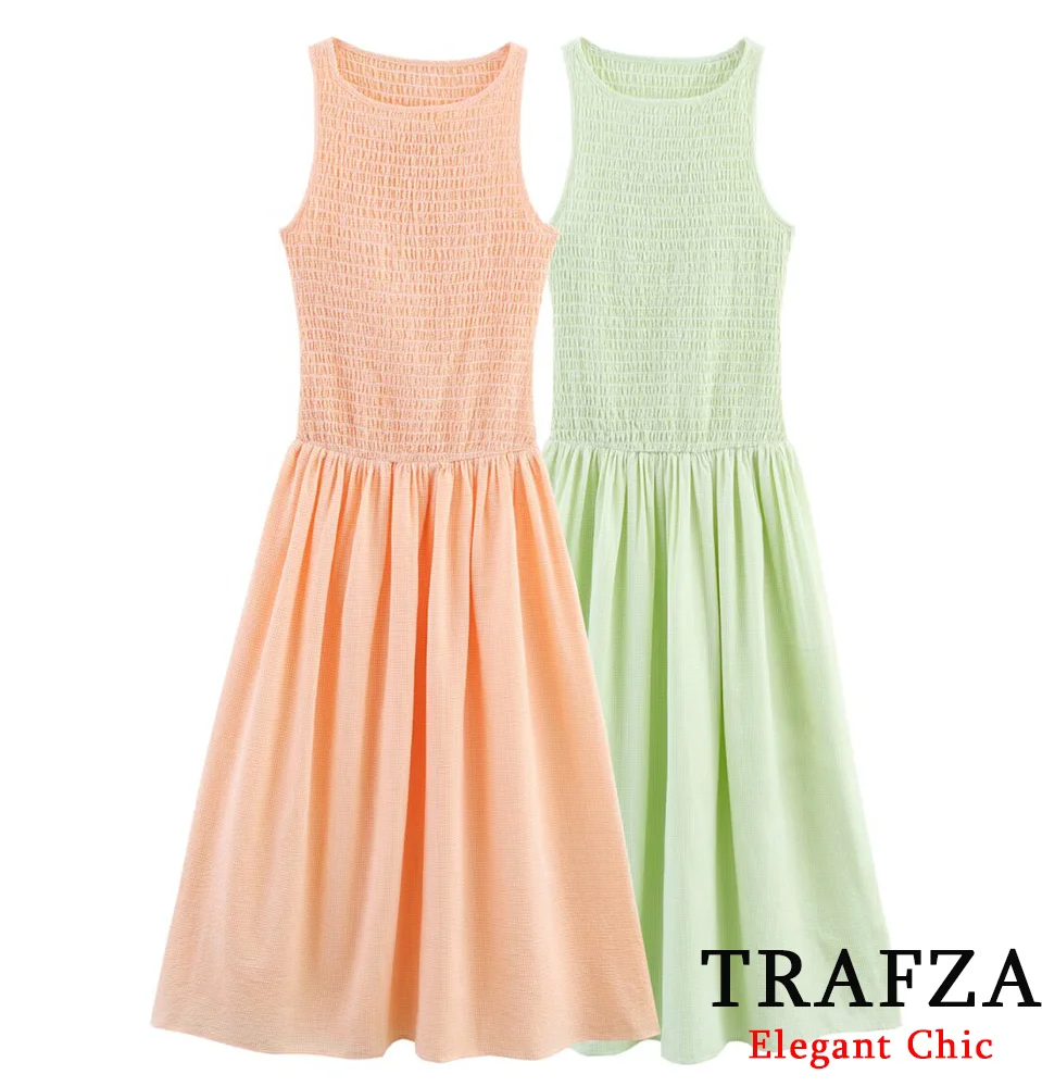 

TRAFZA Elegant Vibrant Lattice Midi Dress Women's Tank Sleeveless Pleated Dress 2025 Summer Fashion Sweet Holidays Mujer Dress