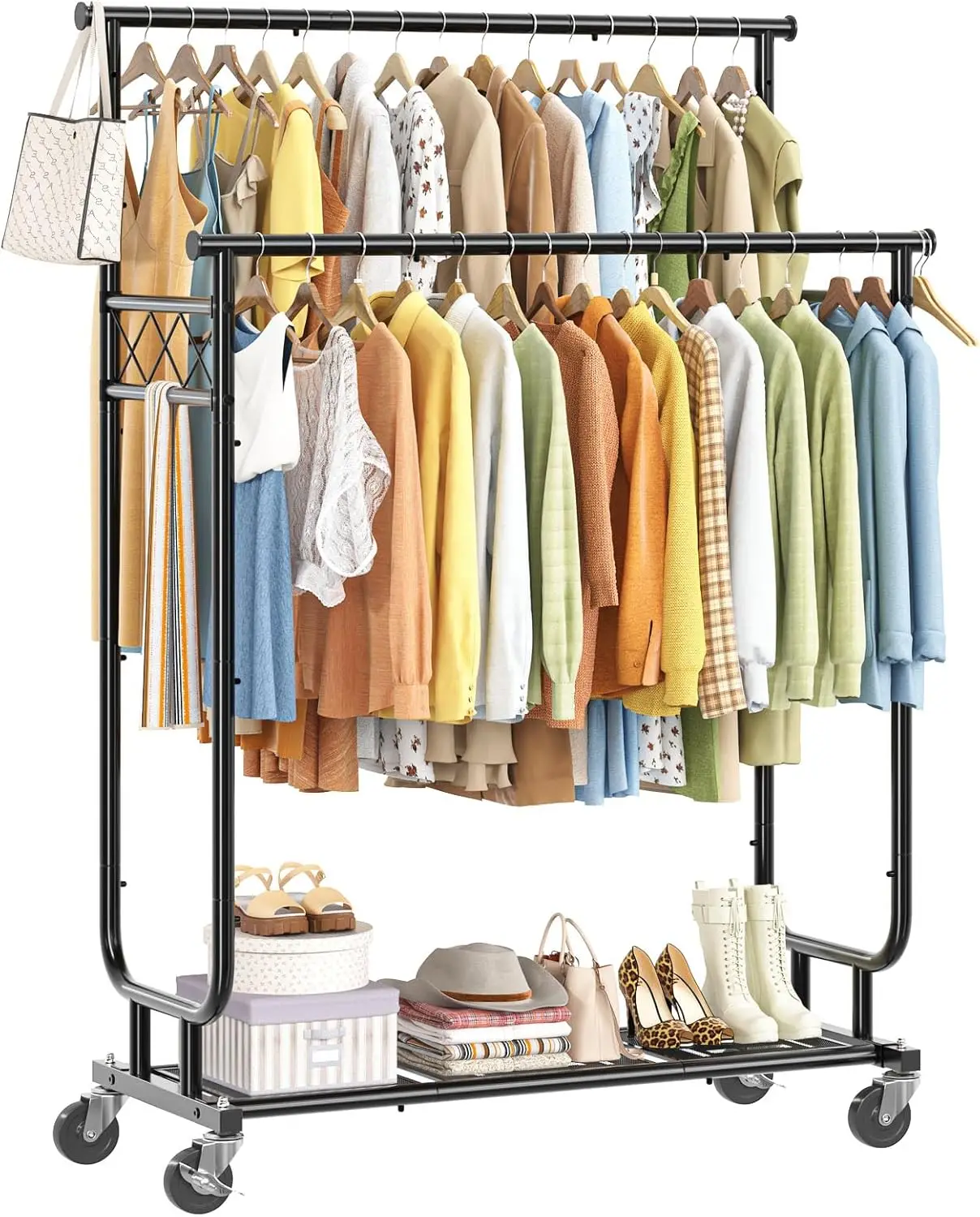 

Heavy Duty Rolling Clothing Rack with Shelves, Double Rod and Wheels for Hanging Clothes, Black - Supports 450 LBS