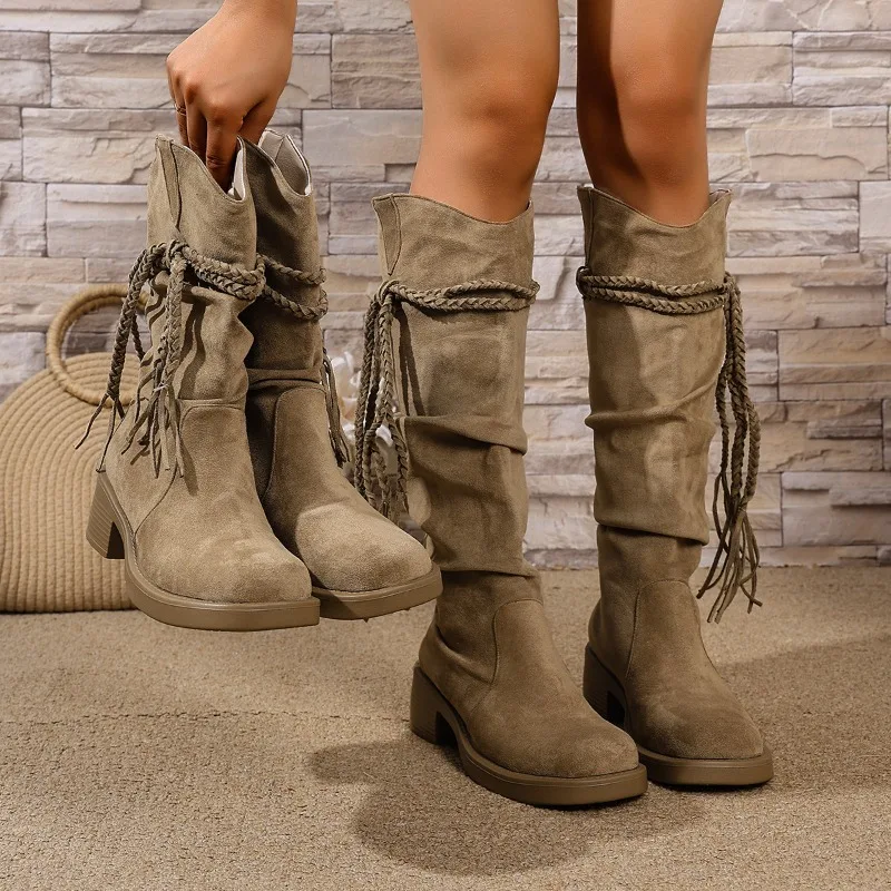 Women Boots Trend Retro Thick Heel Tassle Western Female Shoes Botas De Mujer Long Tube Slim Look Stacked Middle Tube Boots