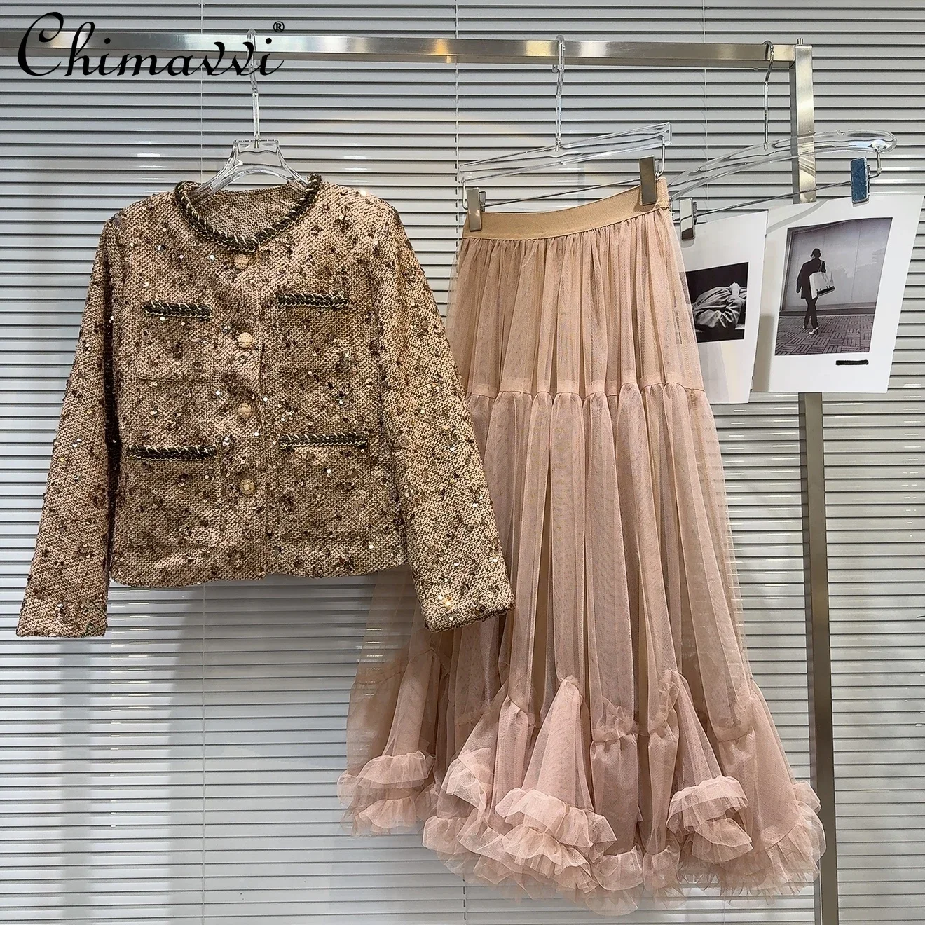 

2025 Spring New Fashion Long-sleeved Sequined Tweed Short Jackets Top Mesh Skirt Set Elegant Two Piece Sets Womens Outifits