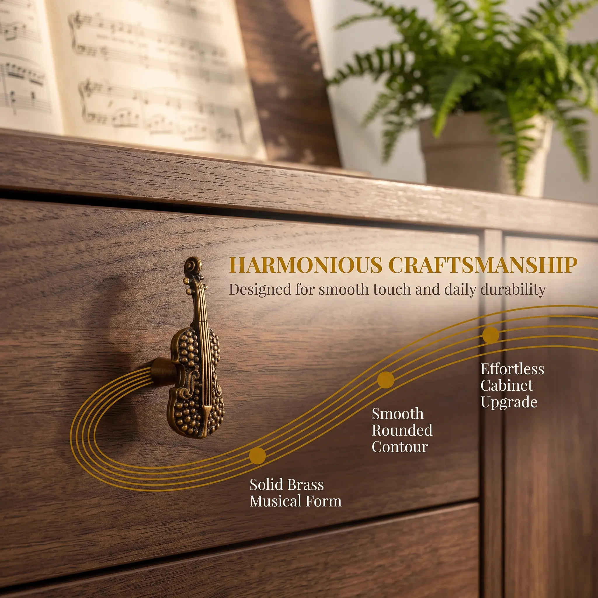 Solid Brass Decorative Light Brown Cabinet Pull Handles Violin Shaped Bedroom Drawer Pulls Musical Theme Drawer Pulls