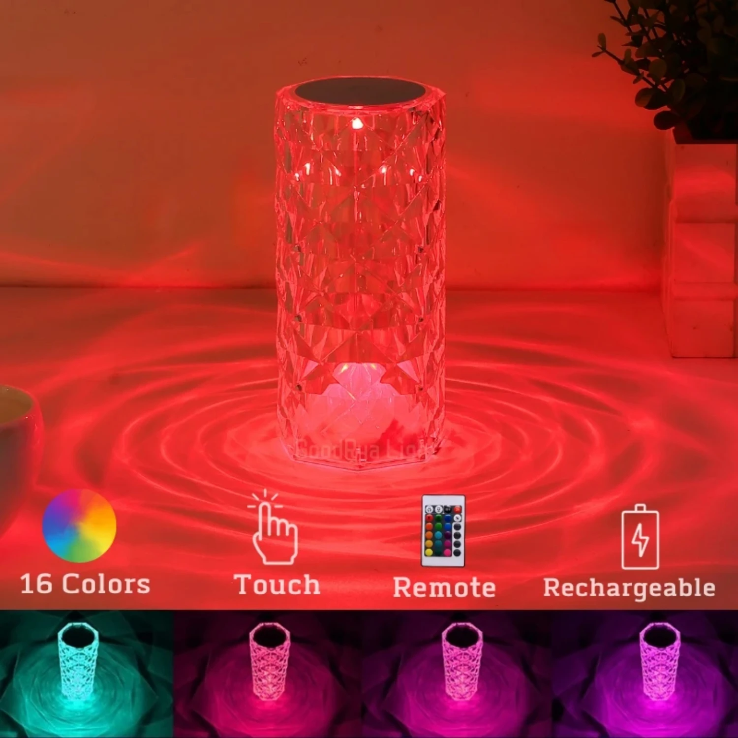 LED Rodada Cristal abajur com toque de controle remoto, RGB rosa romântico, mudança de cor, quarto, decoração de cabeceira, luzes noturnas, novo