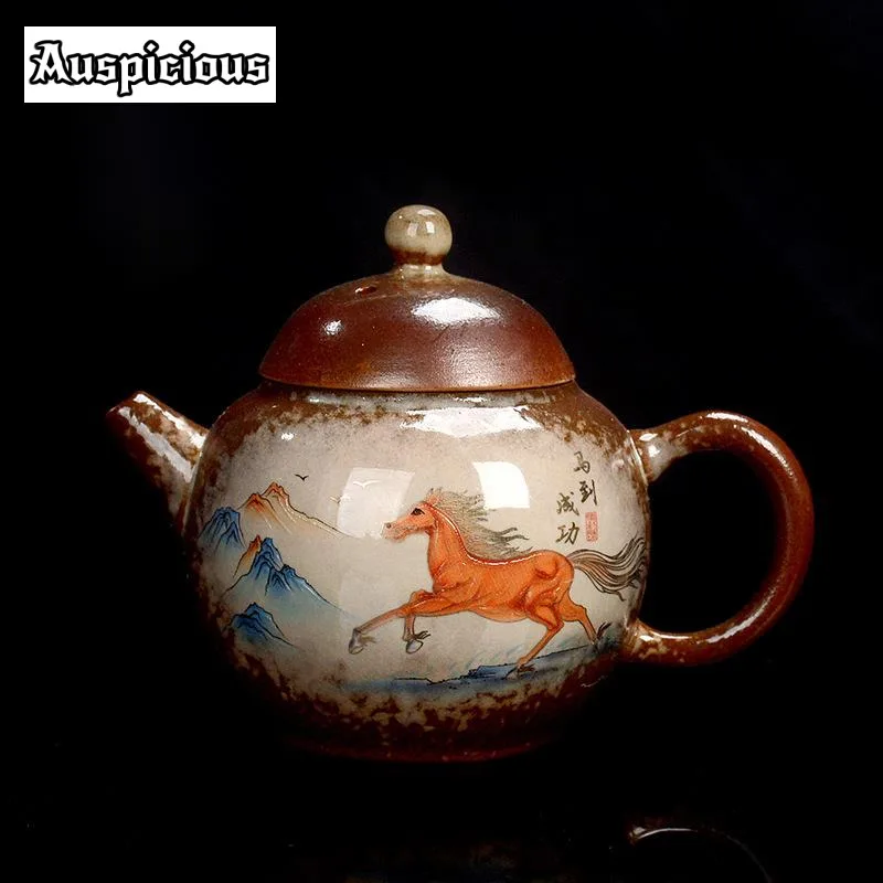 230ml Hand-painted Horse Teapot Handmade Wood-fired Porcelain Pot Traditional Tea Soaking Kettle Chinese Tea Set Decoration Gift