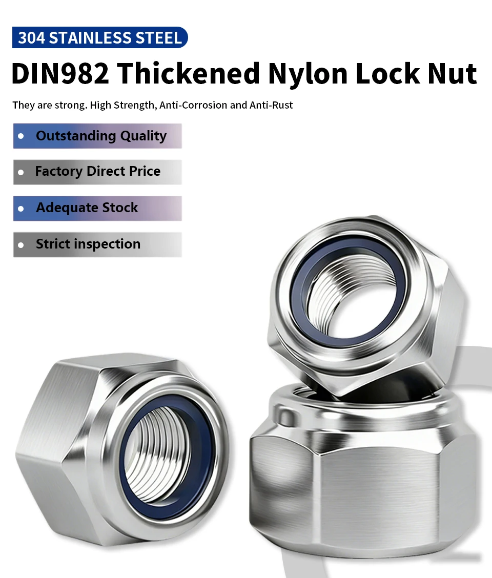 DIN982 Verstärkte Nylon-Einsatz-Sicherungsmutter 304 Edelstahl Sechskant-Sicherungsmutter M3 M4 M5 M6 M8 M10 M12 M14 M16 M18 M20 Hochleistungs-Anti-Losungs-Muttern – Detail 1
