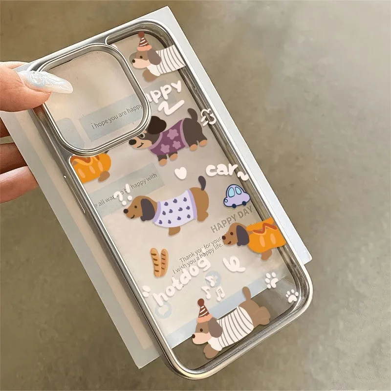 Nadaje się do iPhone'a 16, 15, 14, 13, 12, 11 XR PRO MAX Plus Modne osobowości Kreskówka Jamnik Przezroczyste, pełne etui na telefon