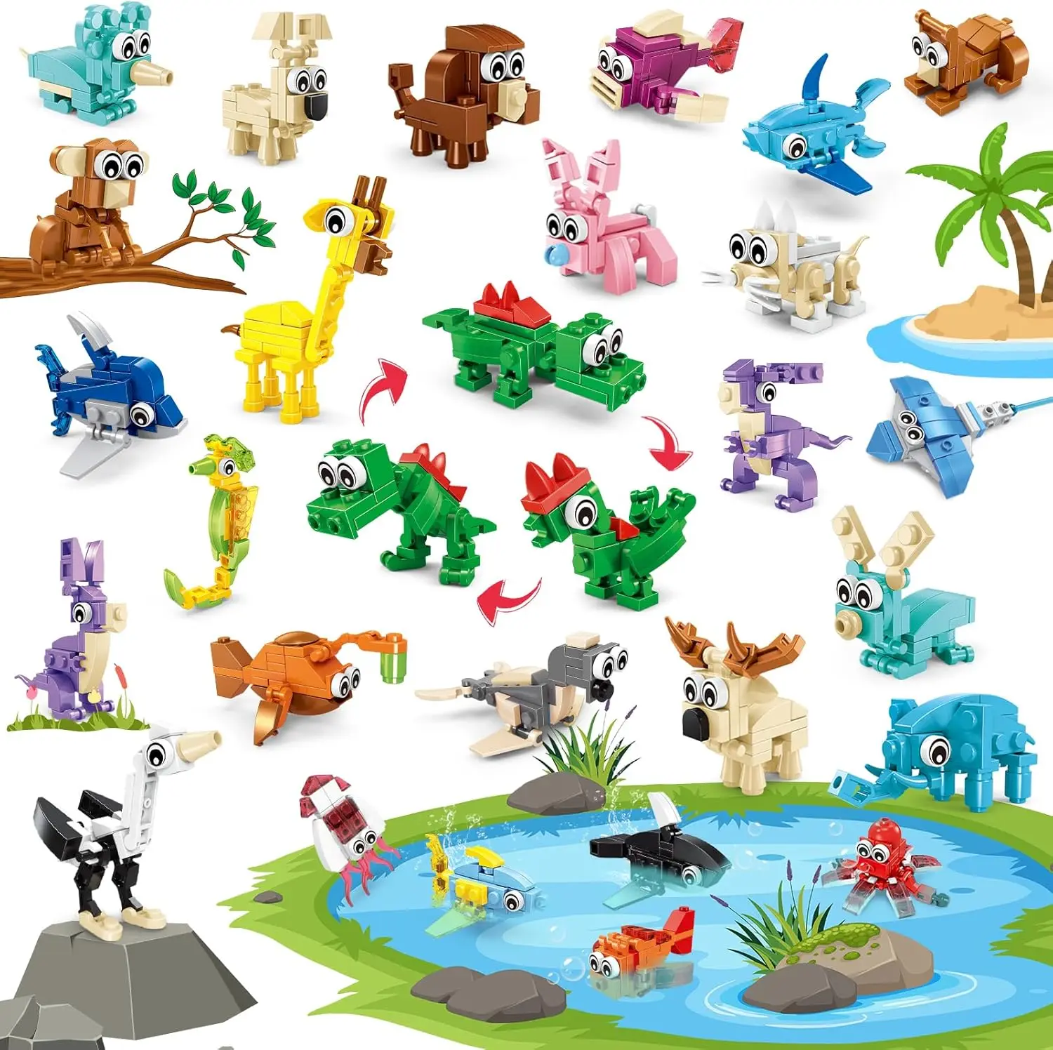 

24 Pcs Animal Building Sets, 72 Transformable Blocks for Kids Age 6+, Party Favors & Birthday Gifts