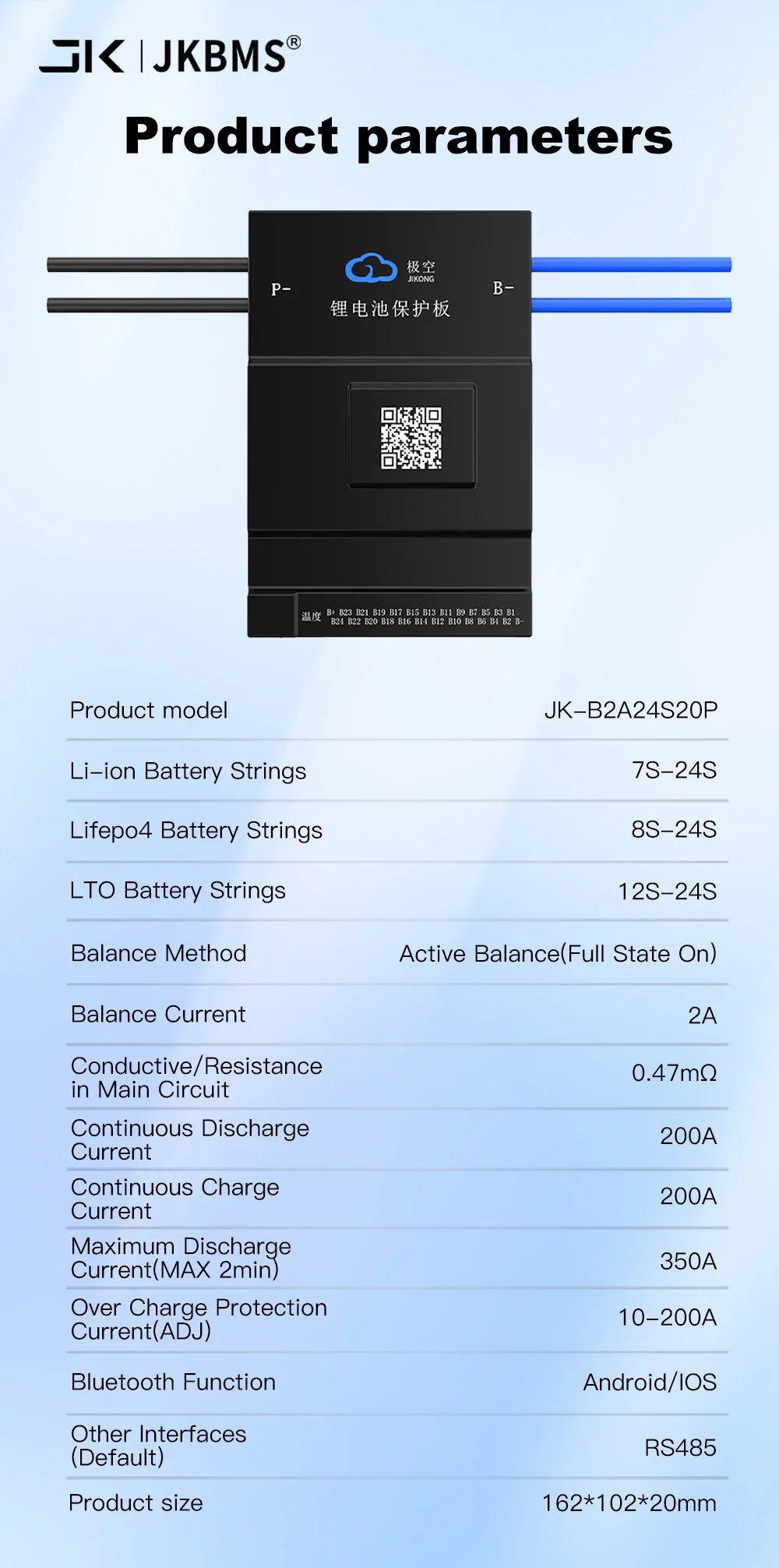 JKBMS JIKONG B2A24S20P SMART BMS 2A BALANCE Bluetoot 200A BT 36V 48V 60V Li-Ion LTO 18650 Batterie Lifepo4 Batteriespeicher BMS – Detail 3