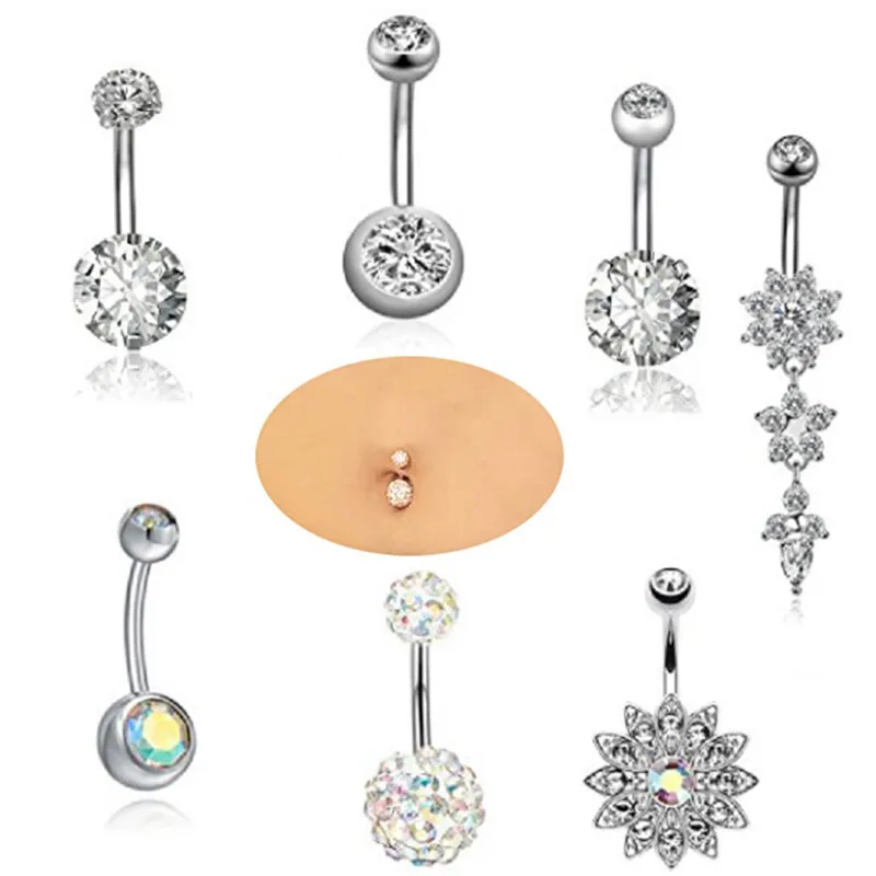 7-Piece Stainless Steel Zircon Silver Navel Ring Set With Human Piercing Accessories