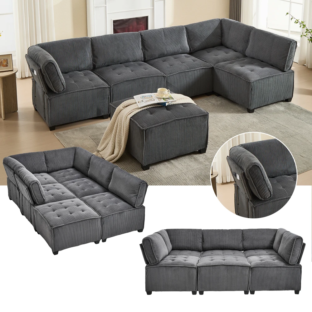 Sofa Modulares 6-Sitzer-Sofa, Kordelstoff, ergonomisch, Aufbewahrungstaschen, flexibel kombiniert als U-Form/L-Form/Sofabett – Detail 22