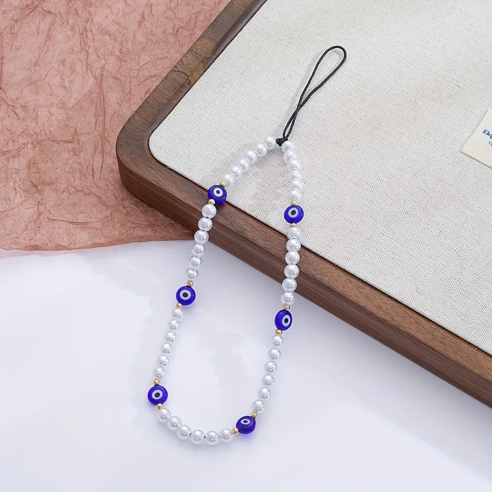 Acrylic Evil Eye Phone Lanyard Wrist Strap, Natural Stone Beaded Anti-Lost Hanging Accessory for Camera and Car Keys - 1pc