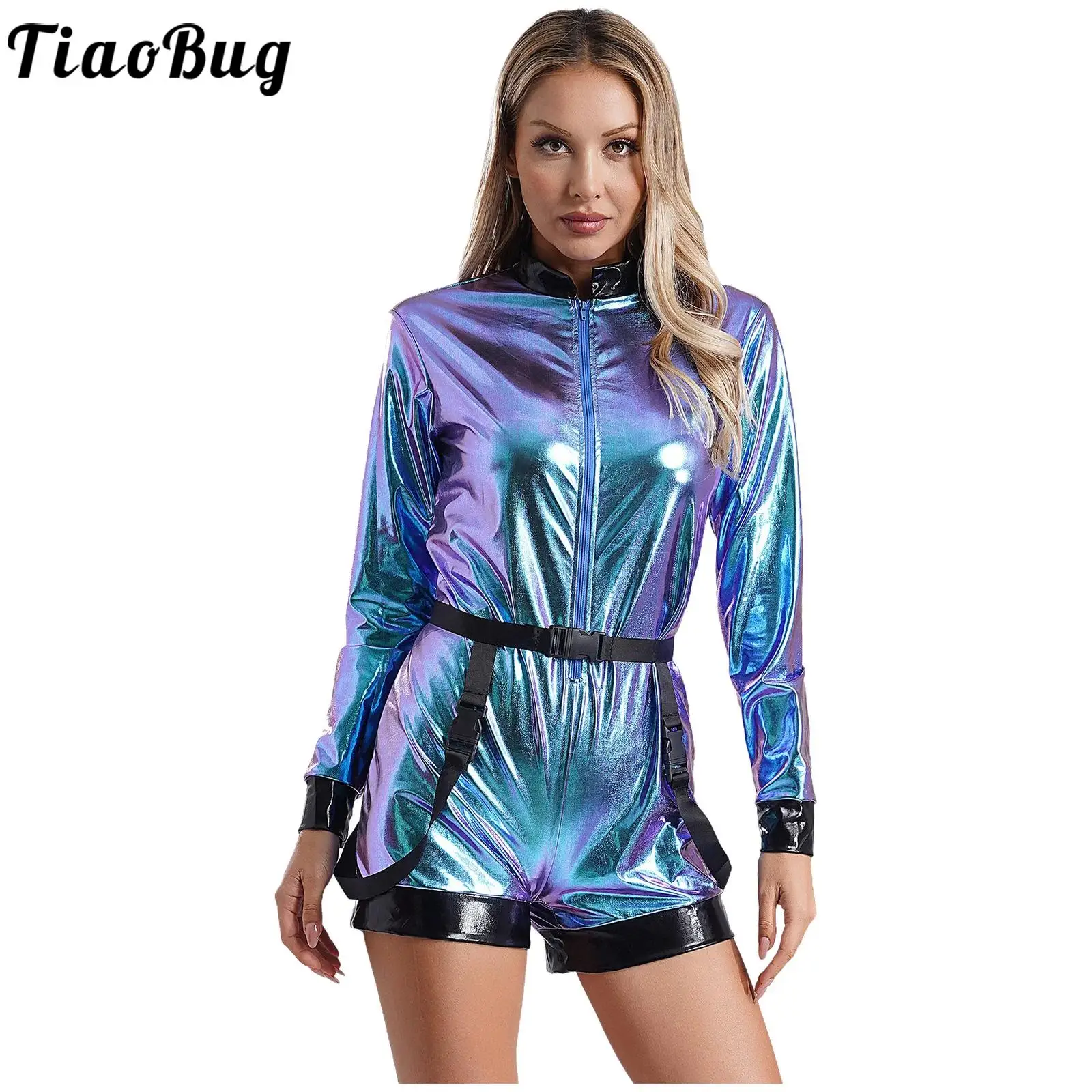 

Women Astronaut Alien Space Role Play Costume Shiny Loose Bodysuit Boyshorts Dress-Up for Halloween Party Raves Carnivals