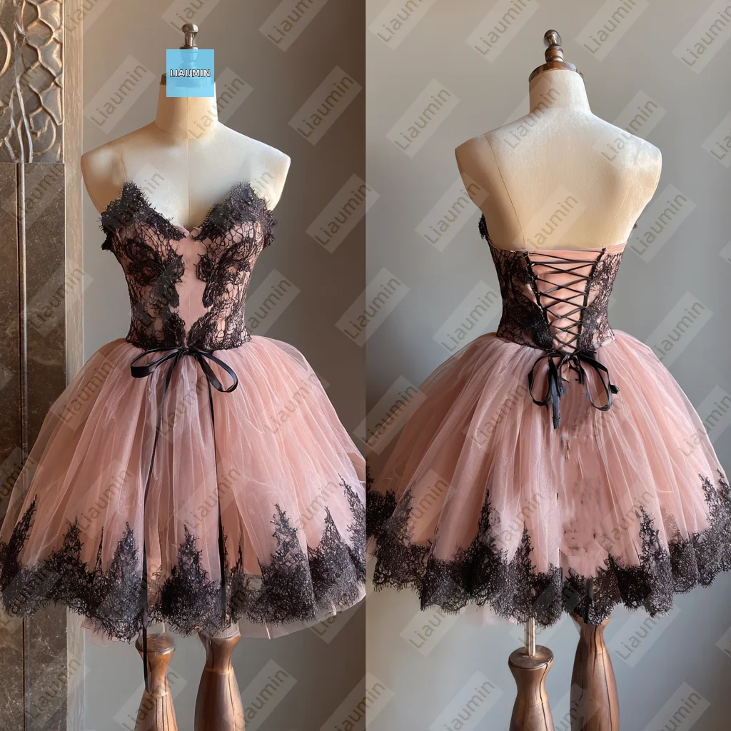 สีชมพูTulle Straplessลูกไม้สีดําAppliqueเข่าความยาวชุดราตรีงานแต่งงานอย่างเป็นทางการBacklessที่กําหนดเองHand Made A7-1.28