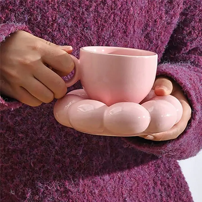 A56K Flower Coffee Cup & Saucer Set Cute Mug & Saucer Set Ceramic Coffee Cup with Sunflower Saucer Latte Cups 6.7Oz Pink