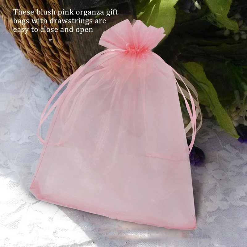 100Pcs Large Organza Bags Blush Pink, 17X23 Cm Mesh Gift Bags Drawstring Jewelry Pouches For Christmas Wedding