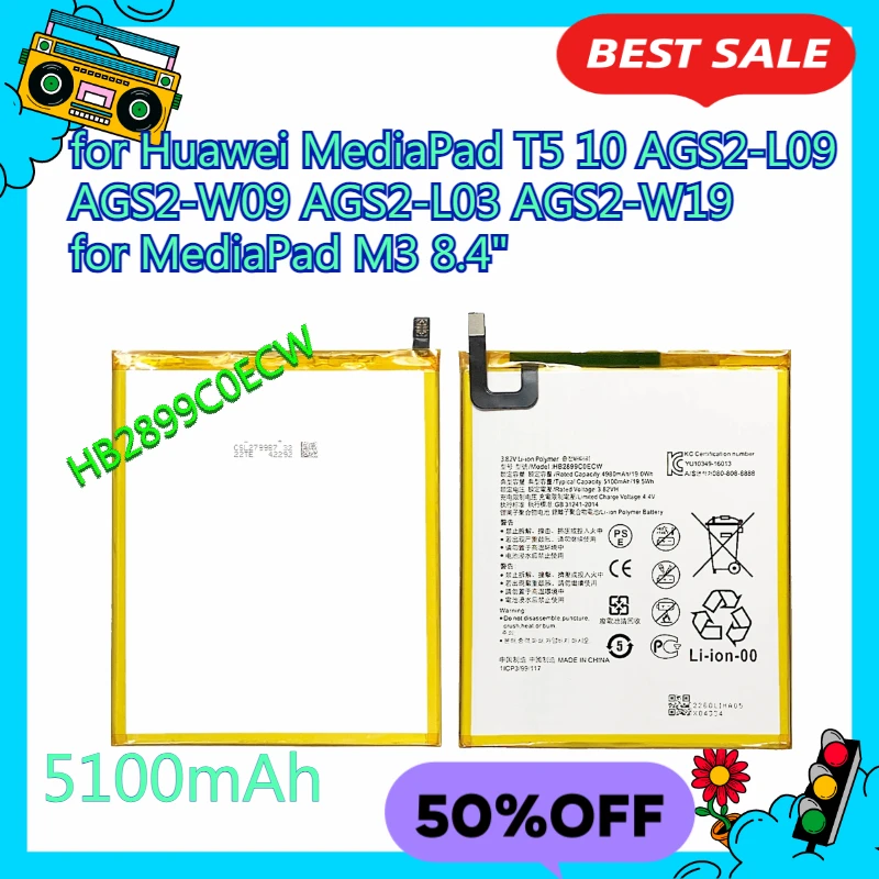 

5100mAh HB2899C0ECW Battery for Huawei MediaPad T5 10 AGS2-L09 AGS2-W09 AGS2-L03 AGS2-W19 for MediaPad M3 8.4"