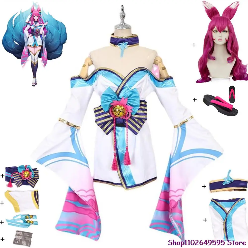 Ahri Cosplay Kostuum Pruik Anime Spel Lol De Negen-Tailed Fox Spirit Bloesem Pruik Schoenen Volwassen Jurk Halloween Vrouw Kimono Pak