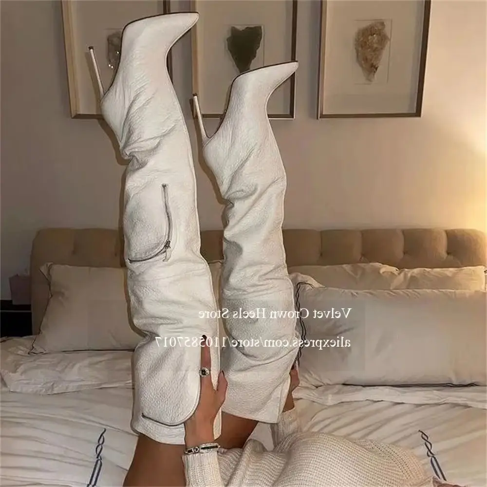 Pebbled PU Pointed Toe Stiletto over the Knee Boots Zip Pocket Decor Slouchy High Heel Womens Boots Autumn Winter Club Party