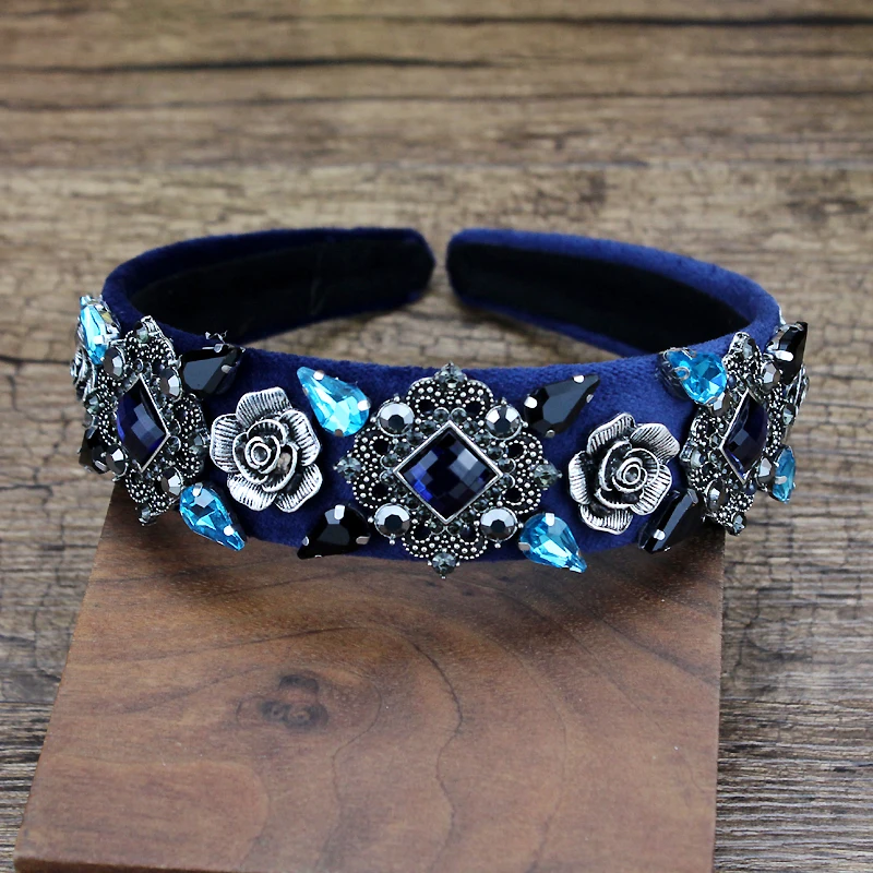 Handmade Vintage Blue Navy Crystal Hairband Rhinestone Flower Velvet Headband For Women Trendy Hair Jewelry