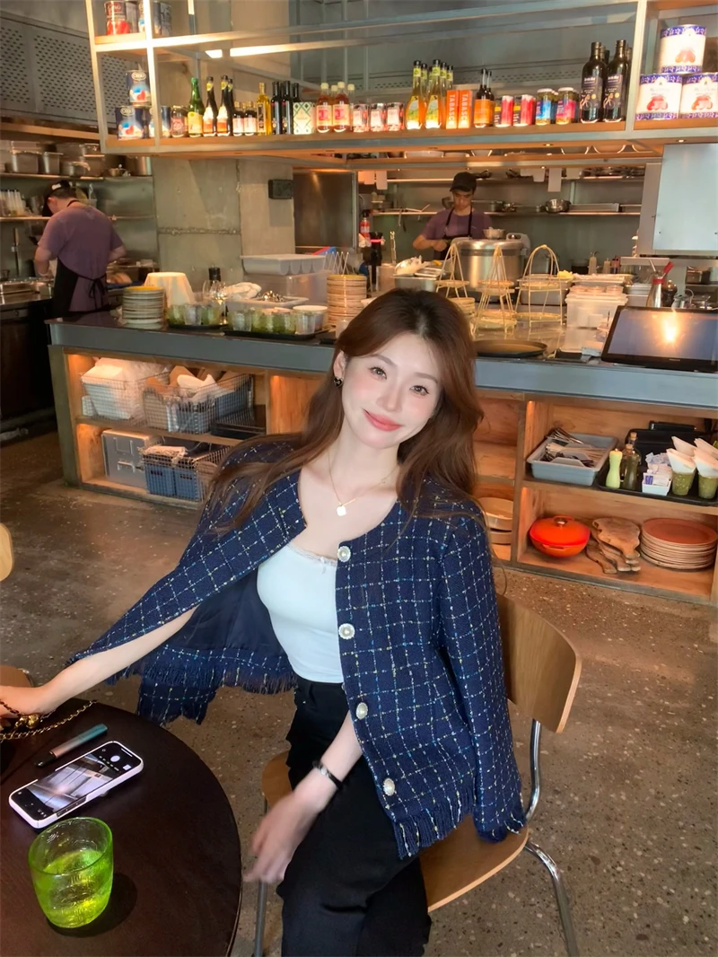 

Осенне-зимнее пальто с бахромой, круглым вырезом, длинное, из шерстяного твида, синее, женское, для повседневной носки, из смесового полиэстера