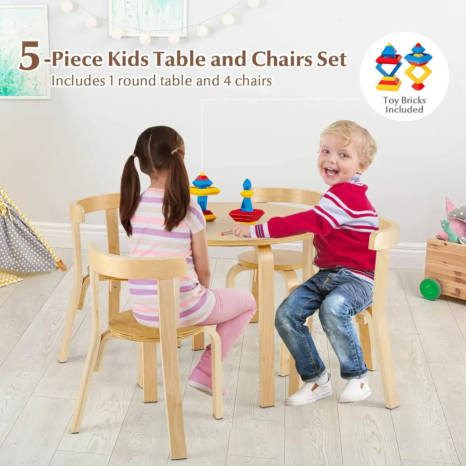 Conjunto de mesa e cadeira infantil, mesa de atividades de madeira de 5 peças com 4 cadeiras, tijolos de brinquedo, móveis de creche para sala de jogos em sala de aula