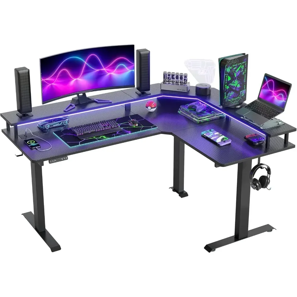 

63" Triple Motor L Shaped Standing Desk with LED Strip & Power Outlets, Height Adjustable Stand up Corner Gaming Monitor Stand