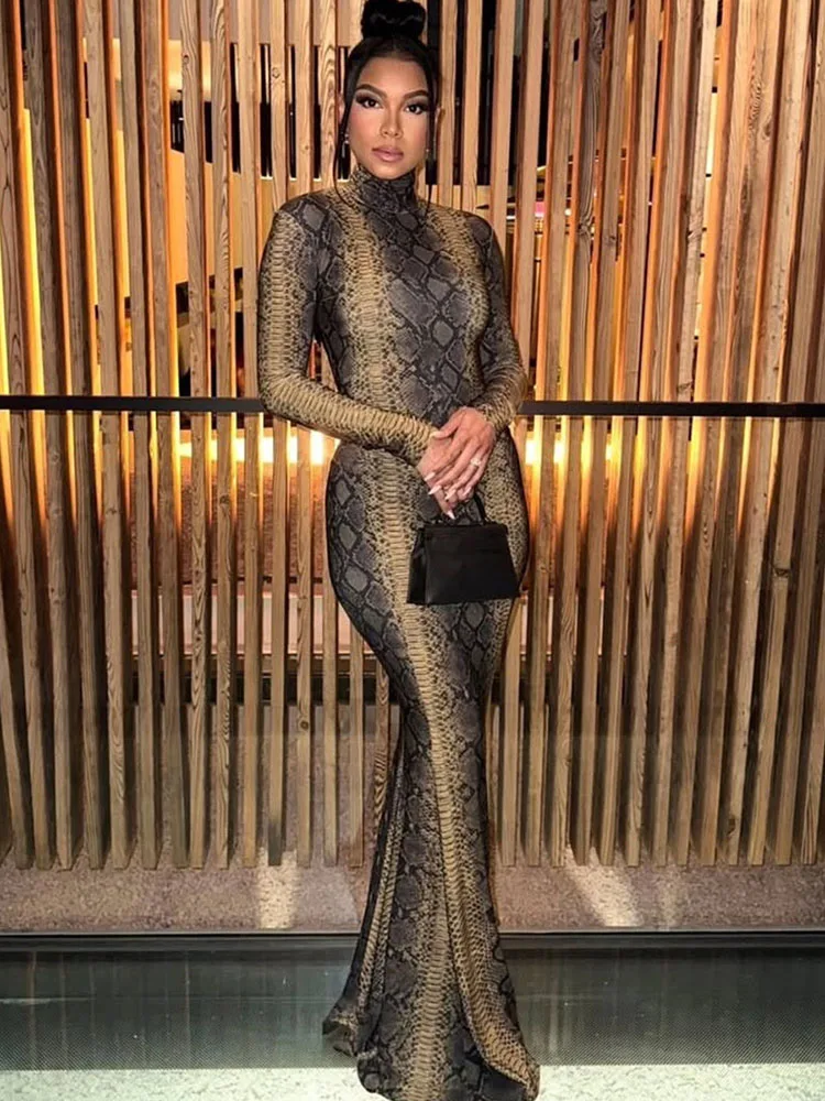 Kliou Sexy Fashion Long Dress Woman Serpentine Print Turtleneck Full Sleeve Skinny Peach Hip Midnight Club Party Hipster Bodycon