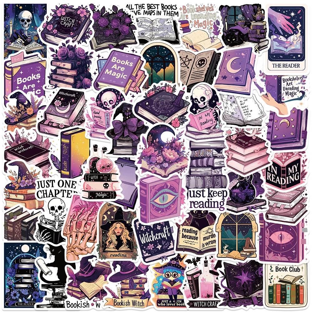 50pcs Reading Books Bookish Stickers Purple Aesthetic Decals For Phone Laptop Refrigerator Luggage Scrapbook Waterproof Stickers