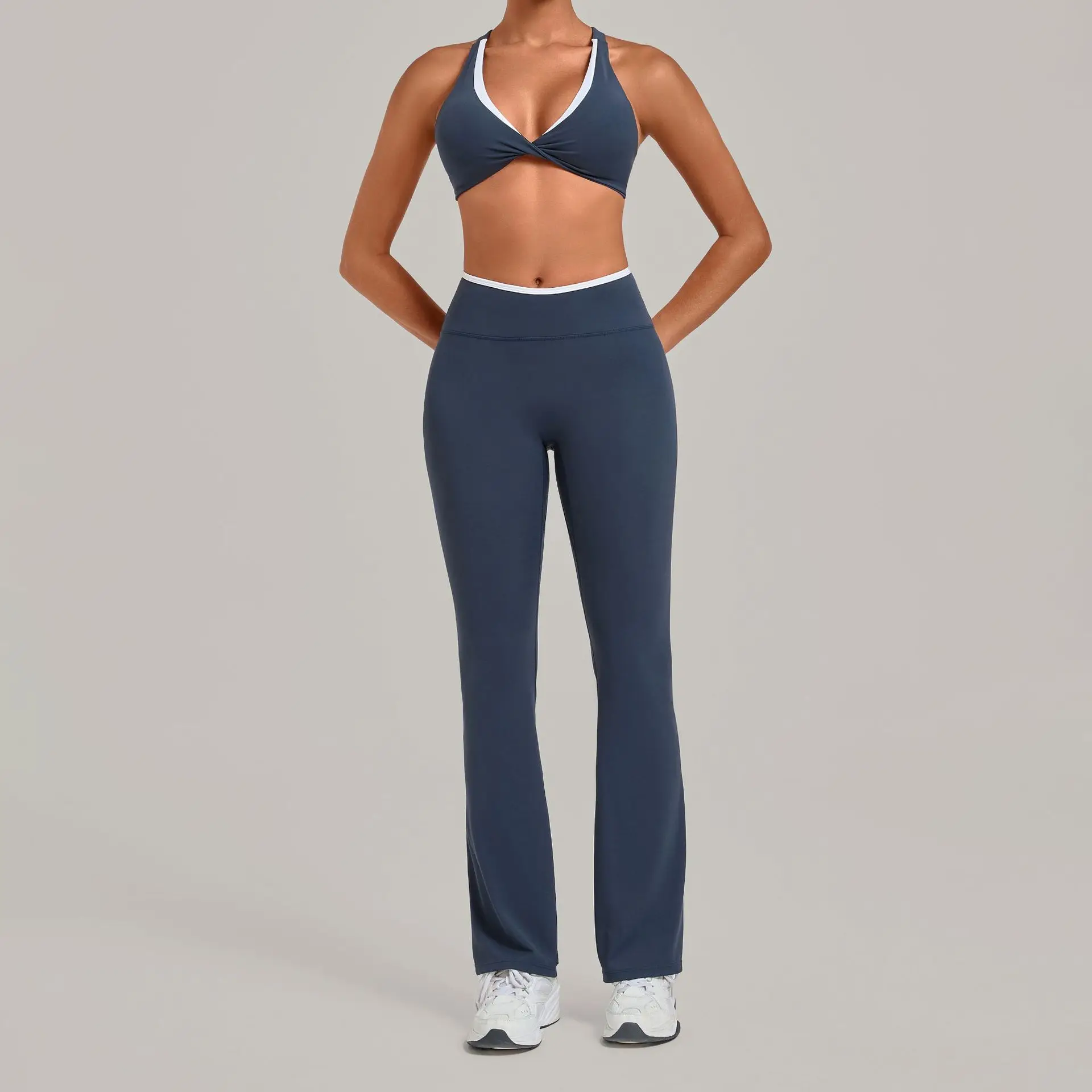 2PCS Women Tracksuit Fitness Suit Running Workout Outfit Gym Clothing Yoga Set Cross Back Sports Bra Flared Leggings Sportswear