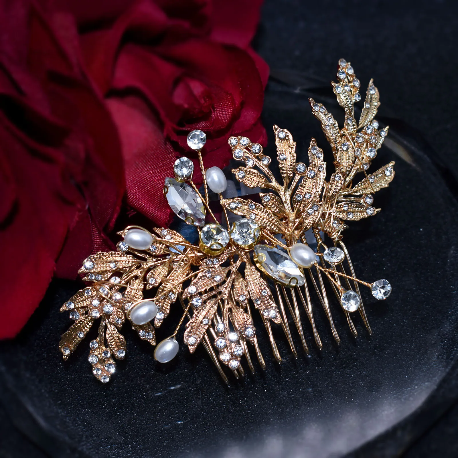 Handmade Gold Silver Color Wedding Hair Accessories Crystal Women Hair Combs Leaves Bridal Headband Head Jewelry