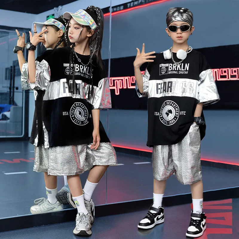 [15-70KG]Kids Alphabet Loose T-Shirt Set Boy Hip Hop Street Dance Set Girl Japanese and Korean Trend Street Style Suit