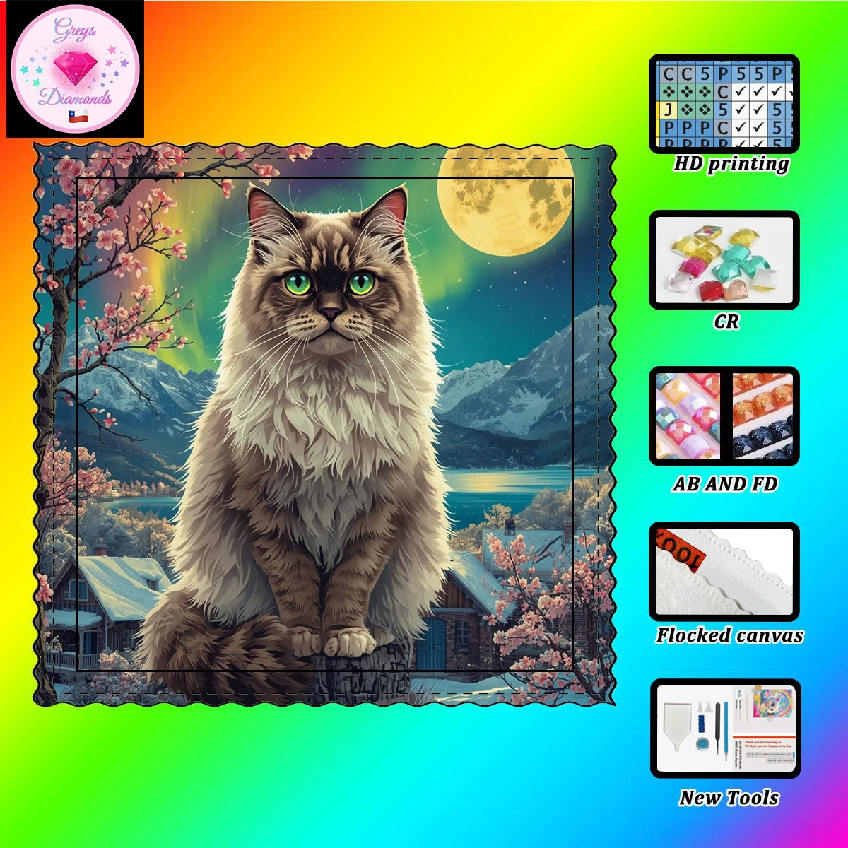 

【Gheys_ Diamond Art】Кот и луна Кристалл AB Горный хрусталь Fairy Dust Горный хрусталь Идеальный смоляный бриллиант