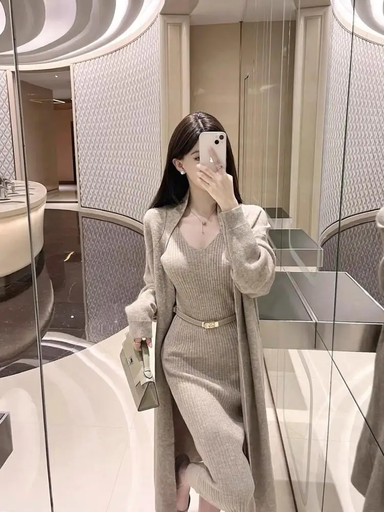 

Korean Women Autumn Winter Black Khaki Long Sleeves Cardigan Sweater Coat And V Neck Knitted Vest Dress Vacation Two Pieces Sets