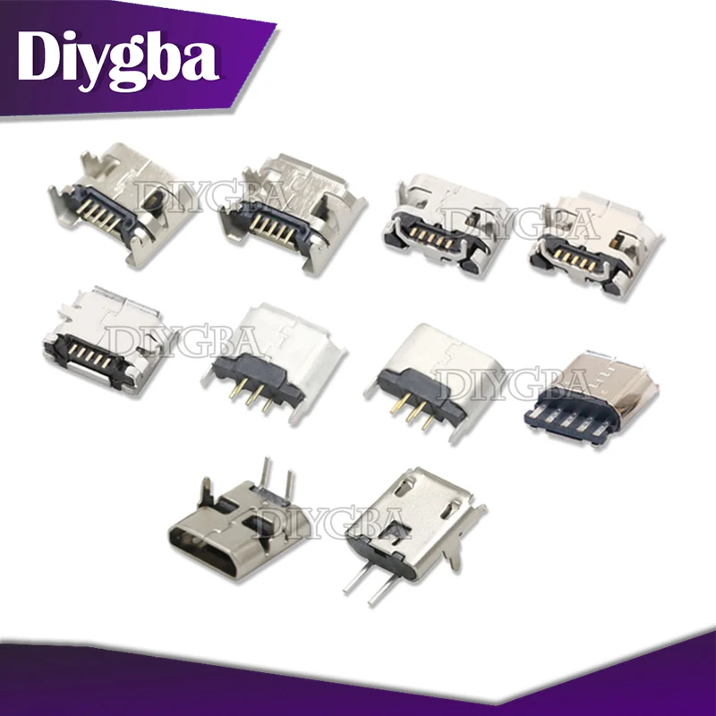 10PCS/LOT Micro USB 5 Pin SMT Socket Connector Type B Female Placement SMD DIP USB Charging Connectors 2PIN SMD/DIP