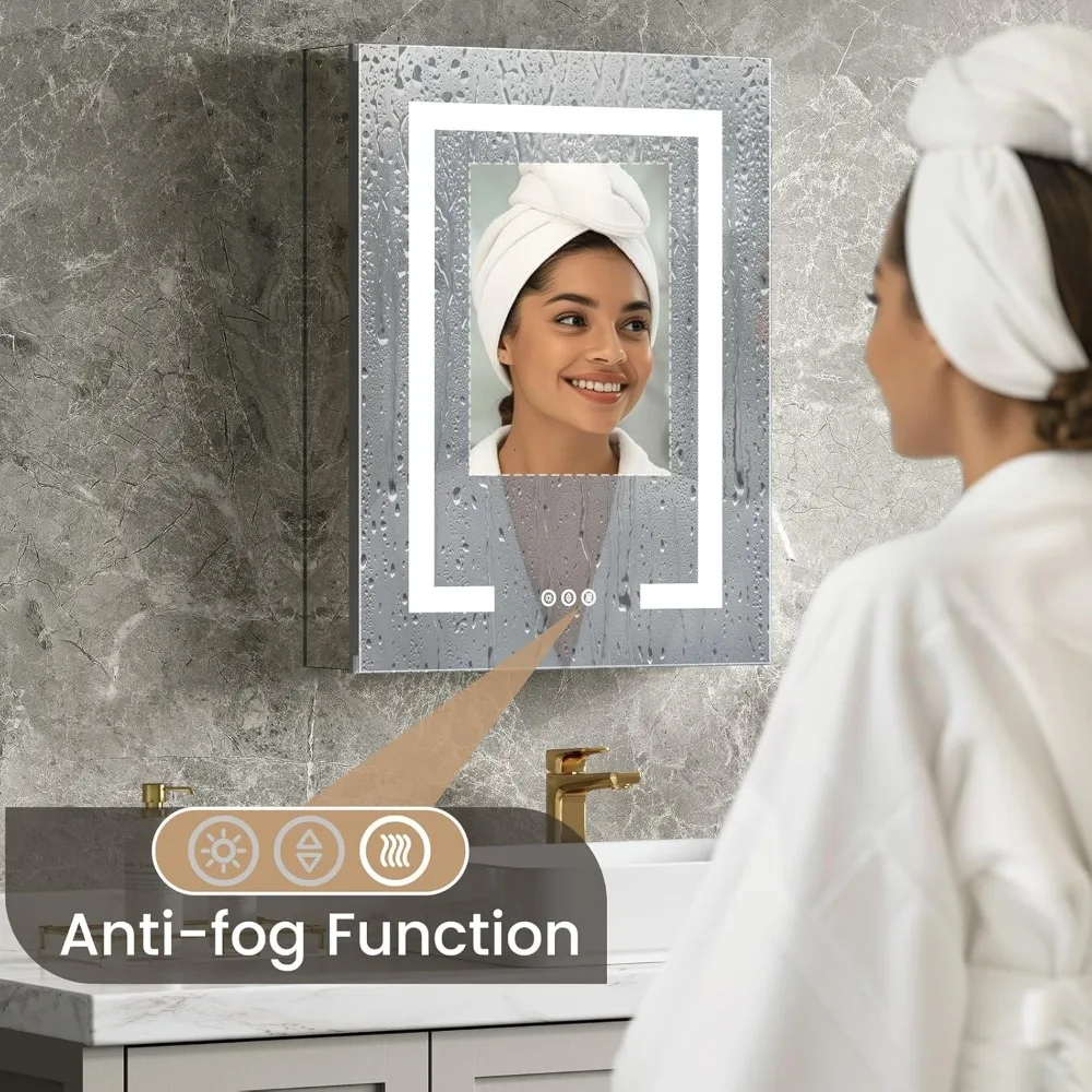 خزانة طبية مضاءة بإضاءة LED مقاس 20 × 26 مع أضواء ومنافذ USB، مرآة خزانة طبية مثبتة على السطح أو الحمام