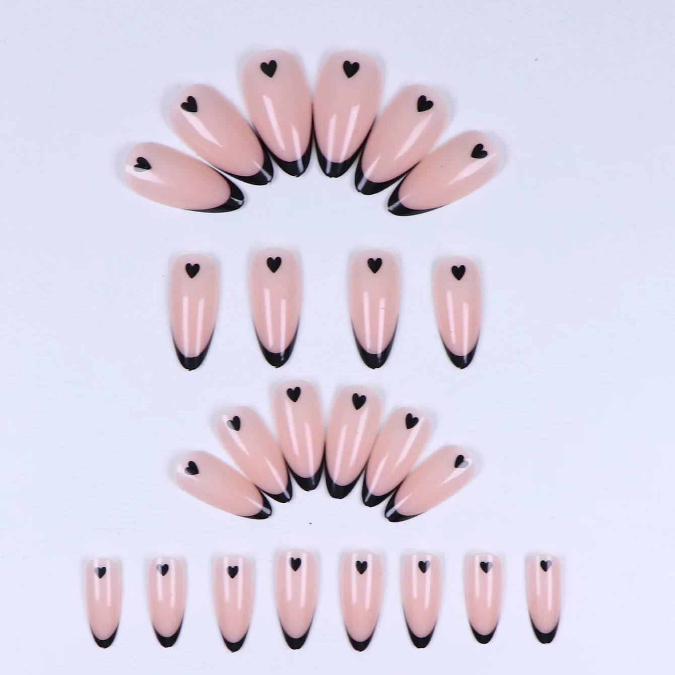 24 قطعة، طرف فرنسي أسود اضغط على الأظافر أظافر عيد الحب المزيفة مع أظافر اللوز اللامعة أظافر صناعية سوداء على الأظافر #2