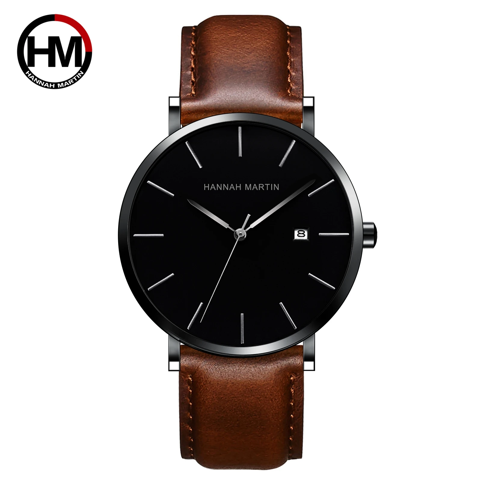 HANNAH MARTIN Brand Men's Quartz Watch with Calendar Business Genuine Leather Japanese Movement Casual Fashion Waterproof Watch