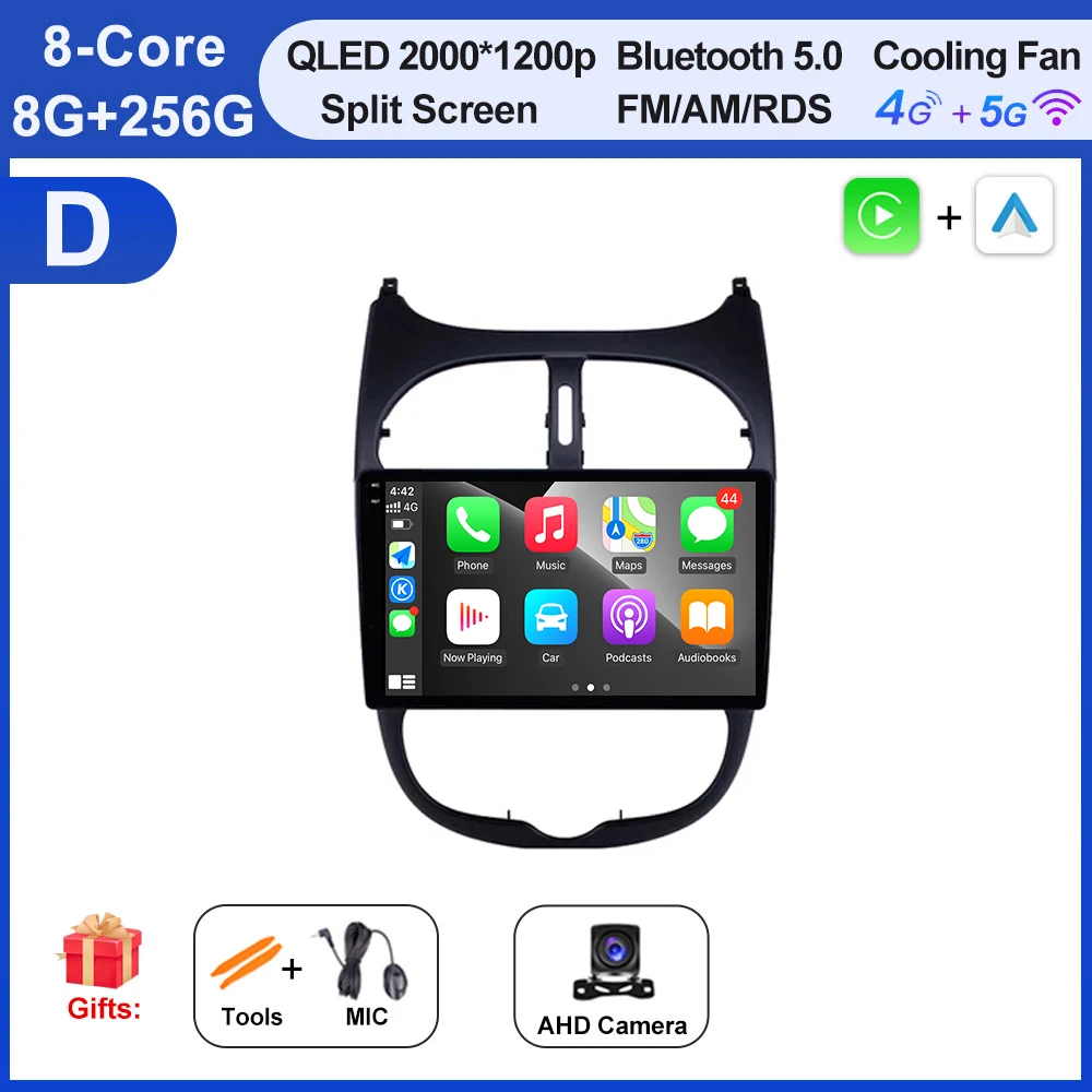 Autoradio Voor Peugeot 206 206SW 206CC 2000-2008 Android 16 Carplay Multimidia Video Player Draadloze Carplay Auto gereedschap Fan