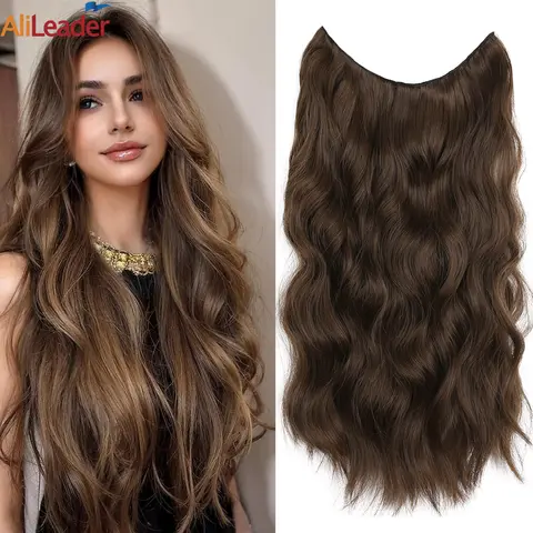 2 개의 클립이있는 보이지 않는 와이어 헤어 익스텐션 합성 물결 모양의 헤어 피스 여성용 투명 조절 가능한 머리띠 20 인치