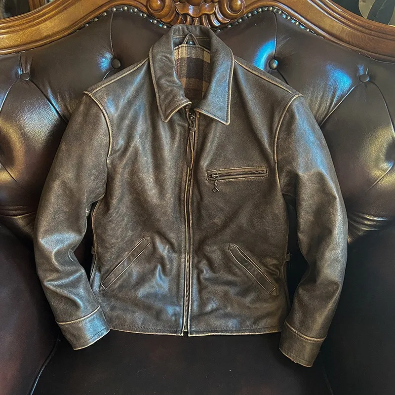 

Men's leather with a lapel tea core cowhide and looking handsome