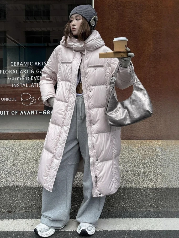 

Length Thickened Down Jacket 2025 Winter New Fashion Street Loose Long Hooded Parkas Leisure Warm White Duck Puffer Coat Women
