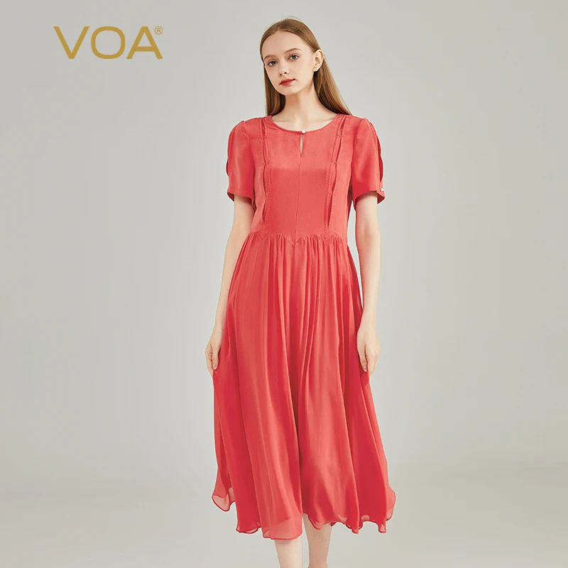 VOA Silk 40 Momme Heavyweight Red Round Neck Studded Pearl Thread Arch Needle Decorative Bumper Georgi Short Sleeve Dress AE2193