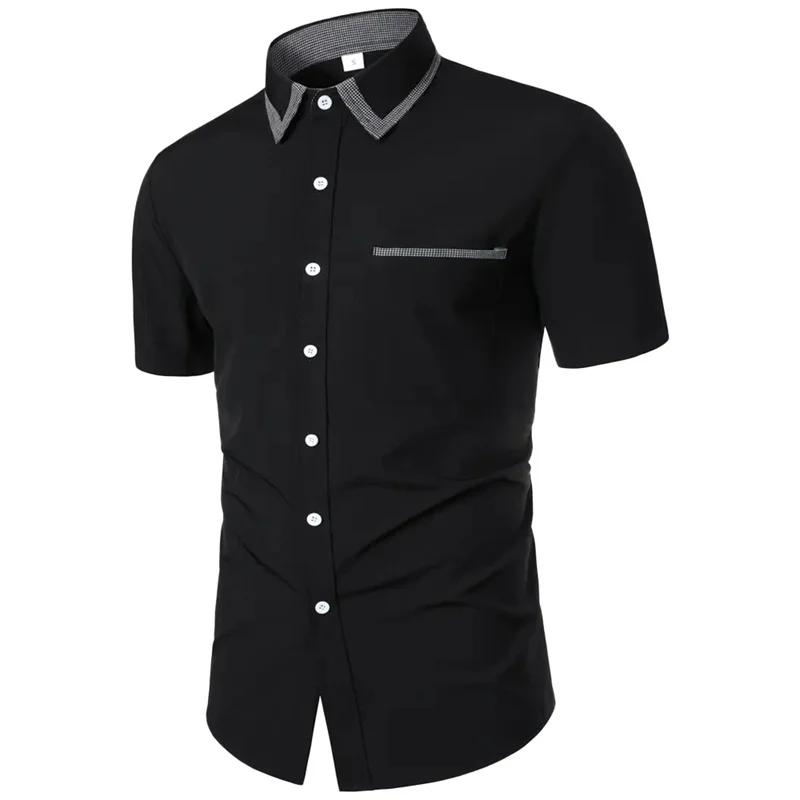 

Men's business casual color-blocked collared short-sleeved shirt, slim fit, available in black, white, blue, and other colors.