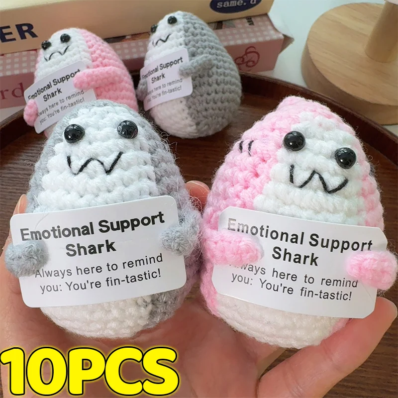 Positive Crochet Shark Doll With Encouraging Card Emotional Support Pink Shark Knitting Ornament Stress Relief Handmade Favors