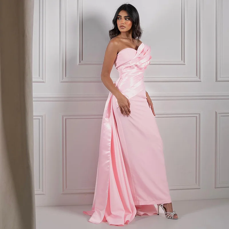 Jirocum Elegant Pink Mermaid Prom Gowns Women's Tiered Pleated Party Evening Dress Ankle Length Saudi Formal Occasion Gown 2024