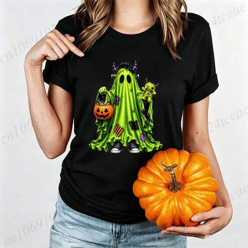 Halloween Women Tshirt,Green Monster Ghost Halloween Graphic Tees,pumpkin Candy Bucket T-Shirts,spooky Funny Halloween Shirt,
