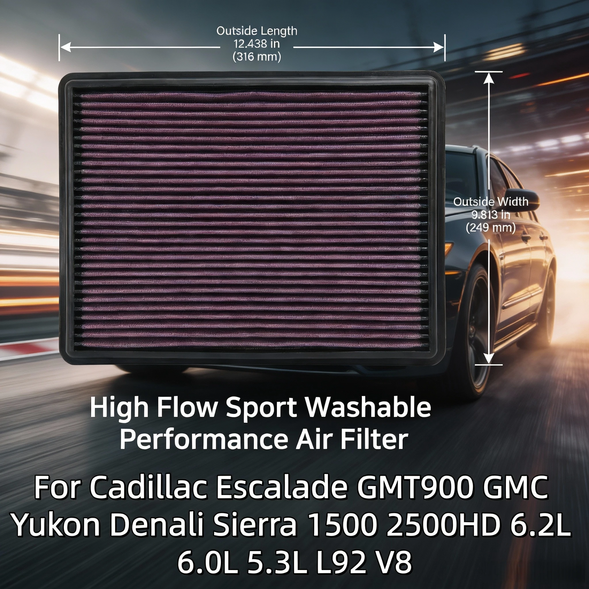For Cadillac Escalade GMT900 GMC Yukon Denali Sierra 1500 2500HD 6.2L 6.0L 5.3L L92 V8 High Flow Sport Washable Air Filte