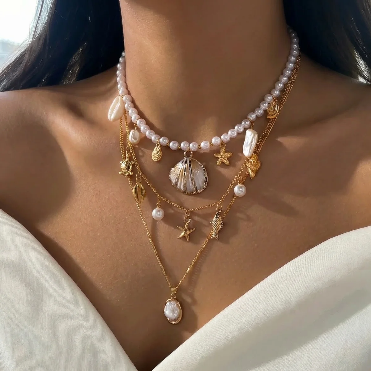 Barocke Halskette mit unregelmäßigen Imitationsperlen, Muscheln, Seesternen, Schnecken und Fischen für Damen und Herren, Bohemian Ocean Beach Schmuck – Detail 10