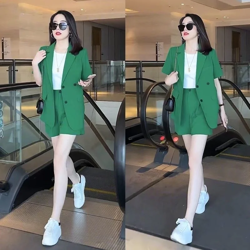 Women\'s 2023 New Summer High-end Fashion Outfits And Suit Collar Short Sleeve Solid Coat Pop Shorts Two Piece Set Women Clothing