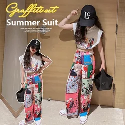 Summer Casual Girls Graffiti Short Sleeved Crop t-Shirt Tops+Loose Pant Sets School Kids Tracksuit Children 2PCS Outfit 3-14Yrs